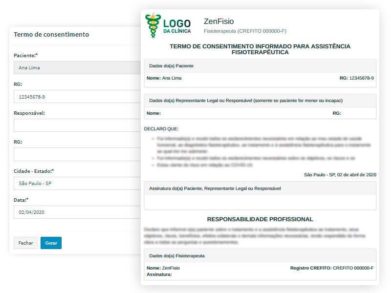 Declaração de fisioterapia para paciente